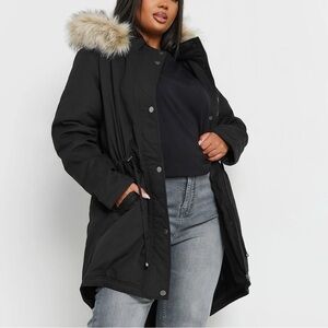Banana Republic Winter Parka Black Faux Fur Trim Removable Hood Coat Jacket